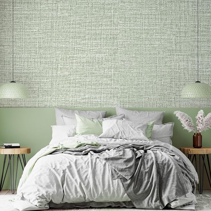 Green Grasscloth Peel and Stick Wallpaper 17.3"x120" Faux Linen Textured - Image 9