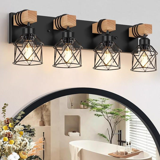 FadimiKoo 4-Light Rustic Style Wood Bathroom Vanity Light Fixtures, Farmhouse by FadimiKoo