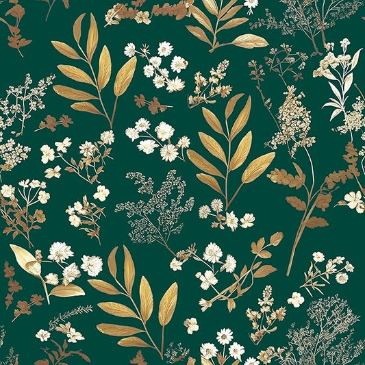 Dark Green Floral Wallpaper Peel and Stick Green Golden Leaf Wallpaper Vintage by Laatse
