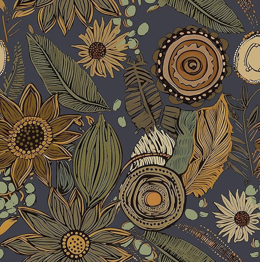 Boho Wallpaper Peel and Stick, Vintage Blue Yellow Floral Contact Paper 17.5" x by Laatse